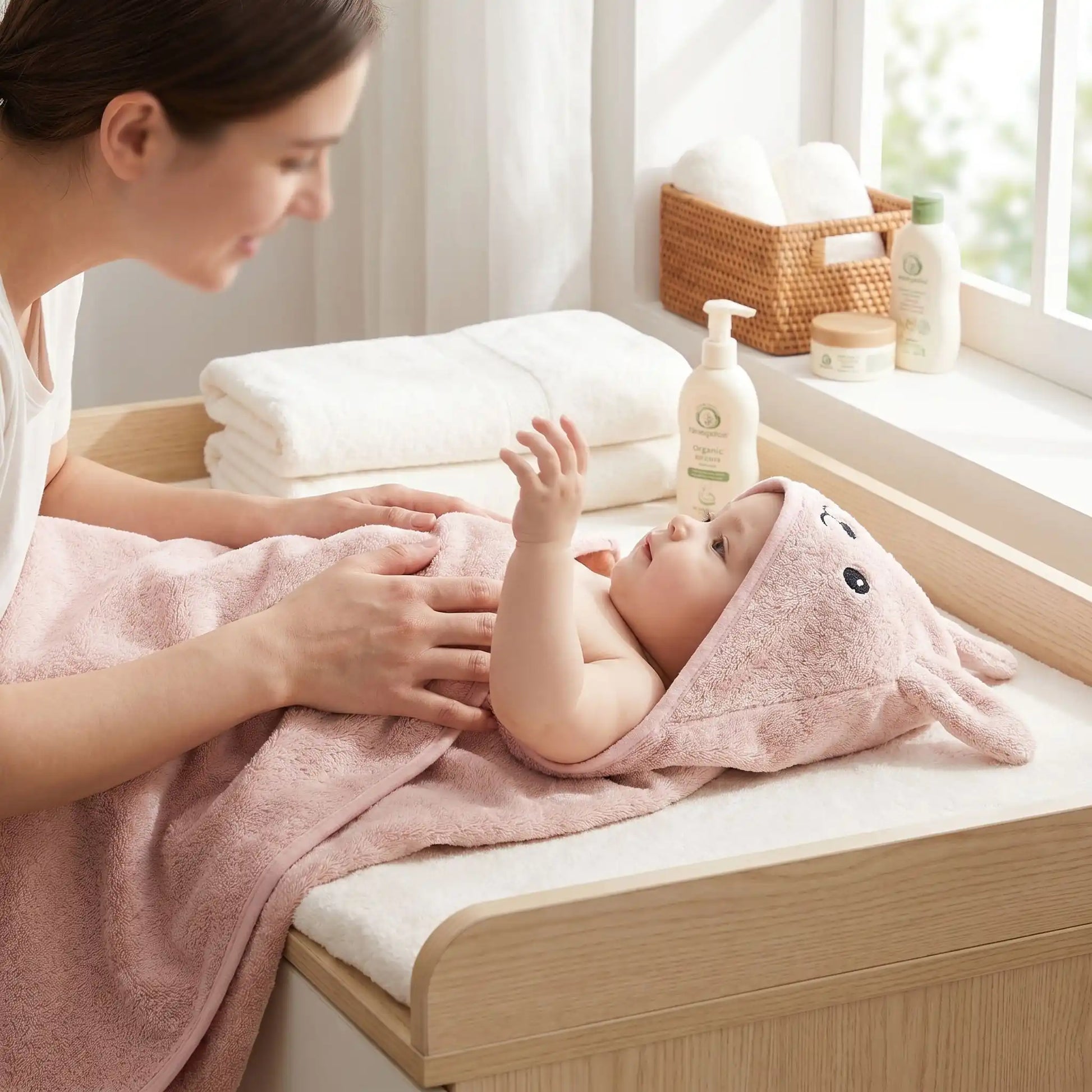 cape de bain bebe pompom coton ultra absorbant