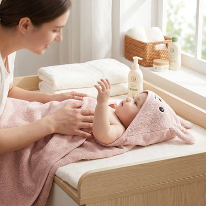 cape de bain bebe pompom coton ultra absorbant